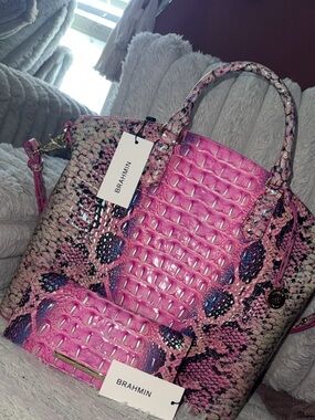 BRAHMIN Pink Cobra Python Leather Large Duxbury & Matching Wallet BRAND NEW